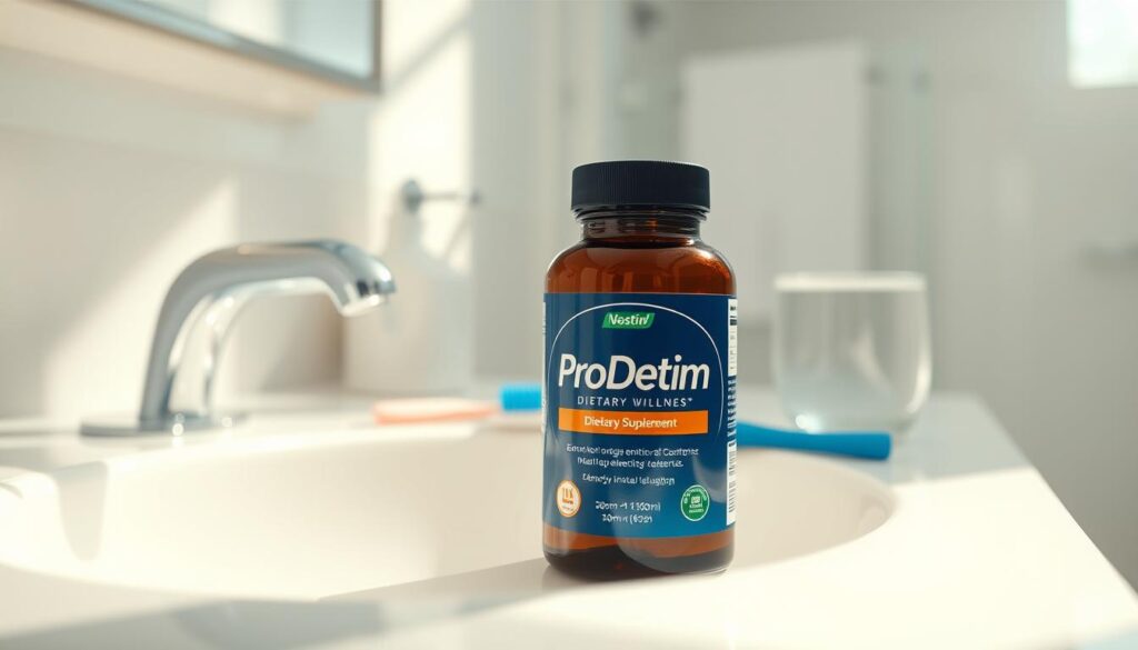 A bright, clean, and airy bathroom scene with a sink, toothbrush, and a bottle of ProDentim dietary supplement prominently displayed. The product is positioned center frame, with the bottle's label clearly visible. The sink and countertop are pristine, with a glass of water nearby, suggesting the daily routine of taking ProDentim. The lighting is soft and natural, creating a serene and inviting atmosphere. The angle is slightly elevated, providing an overview of the setup, emphasizing the importance of the ProDentim product in the daily dental wellness regimen.