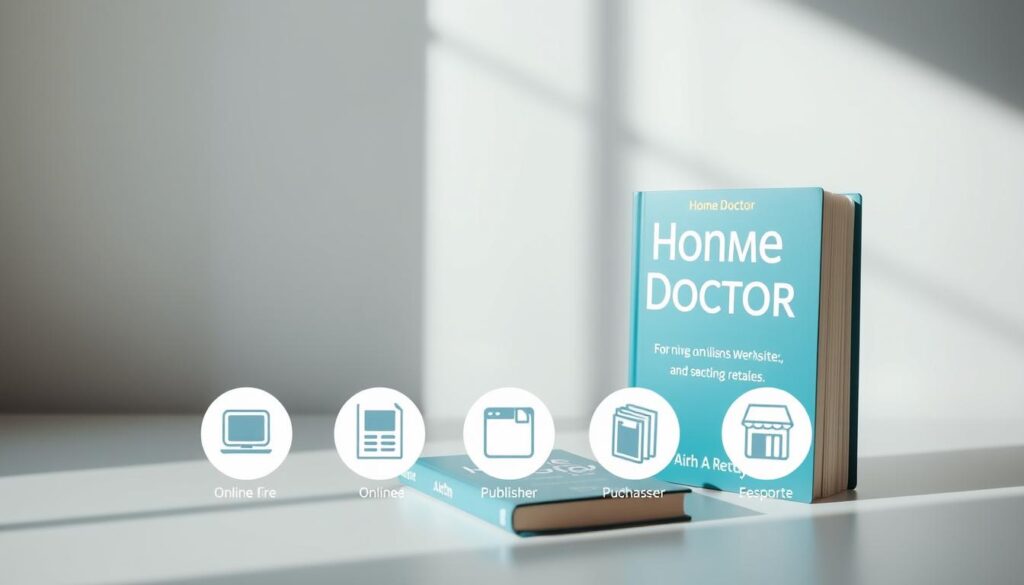 A high-quality, professional-looking product shot of the "Home Doctor" book, showcasing various purchase options. The book is prominently displayed in the foreground, with a clean, minimalist background. Soft, natural lighting illuminates the book's cover, highlighting its title and design details. In the middle ground, there are various ecommerce icons or buttons representing different purchase avenues, such as online retailers, the publisher's website, or brick-and-mortar bookstores. The overall composition is balanced, with a calm, inviting atmosphere that emphasizes the availability and accessibility of the "Home Doctor" book.