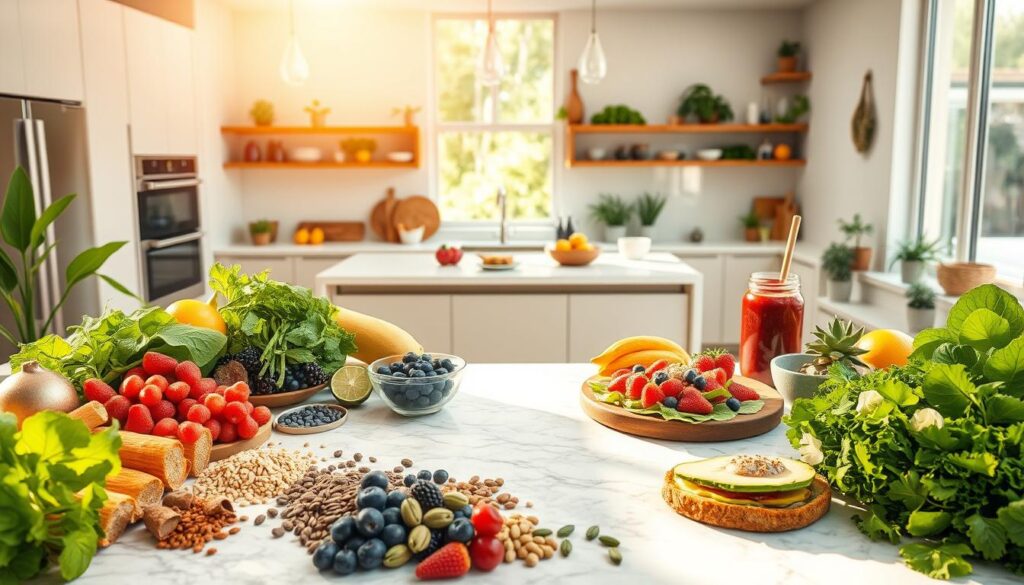 A modern kitchen bustling with vibrant superfoods. In the foreground, a marble countertop showcases an array of colorful ingredients - leafy greens, vibrant berries, nutrient-dense seeds, and exotic superfoods. Sunlight filters in through large windows, casting a warm, inviting glow. In the middle ground, a sleek kitchen island displays a variety of superfood-infused dishes - smoothie bowls, avocado toasts, and salads. The background features minimalist cabinetry and appliances, blending seamlessly with the natural, wellness-focused ambiance. The overall scene conveys a sense of balance, health, and integration of superfoods into contemporary living.