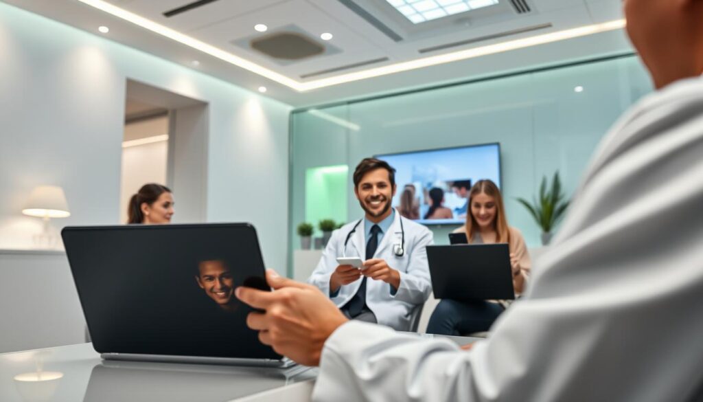A modern, well-lit medical office with a doctor conducting a virtual consultation on a tablet, patients joining the call on their smartphones and laptops. The foreground features the doctor in a crisp white coat, their face illuminated by the screen in a warm, approachable manner. The middle ground showcases the patients, their expressions engaged and attentive. The background depicts sleek, minimalist decor with hints of soothing green accents, conveying a sense of professionalism and technological innovation in healthcare. Soft, directional lighting casts a subtle glow, creating an atmosphere of comfort and trust during this telemedicine appointment.