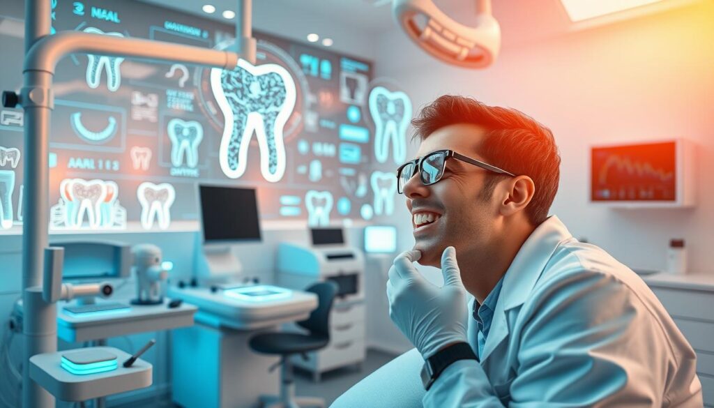 A state-of-the-art dental clinic with a vibrant, futuristic aesthetic. In the foreground, a dentist in a crisp white lab coat examines a patient's teeth using advanced diagnostic equipment. The middle ground showcases an array of innovative dental tools and devices, hinting at the clinic's revolutionary approach. In the background, a holographic display projects intricate visualizations of dental health, emphasizing the clinic's commitment to data-driven, personalized care. Warm, natural lighting casts a serene glow, conveying a sense of trust and comfort. The overall composition exudes a vision of dental care that seamlessly blends technology, expertise, and a patient-centric philosophy.