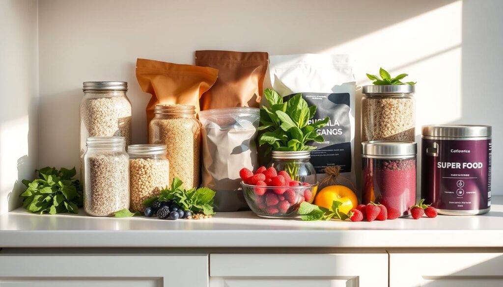 The Lost SuperFoods A well-lit, airy kitchen counter displays an assortment of colorful superfoods in various storage containers. Jars of chia seeds, bags of quinoa, and canisters of acai powder sit neatly arranged, accented by fresh leafy greens and vibrant berries. Soft shadows and warm lighting create a soothing, inviting atmosphere, showcasing the visual appeal and organization of these nutrient-dense ingredients. The scene conveys a sense of abundance, health, and effortless storage solutions for the ultimate superfood pantry.